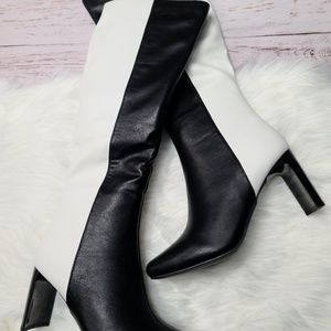BAMBOO KNEE HIGH HEELED BOOTS BLACK&WHITE 6.5